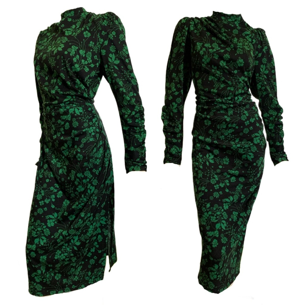 1930s Inspired Black and Green Floral Slinky Jersey Dress with Ruched Hip XL
